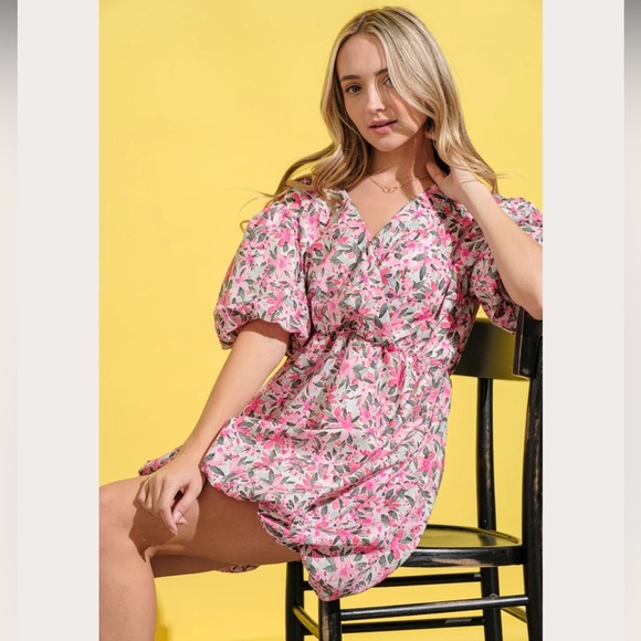 And The Why Floral Surplice Puff Sleeve Dress, Pink - Picture 3 of 13